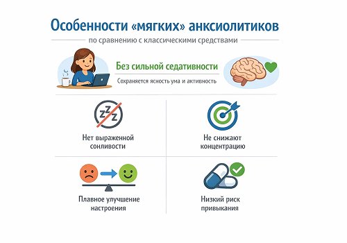 Инфографика о том, какие особенности мягких анксиолитиков по сравнению со средствами классических групп